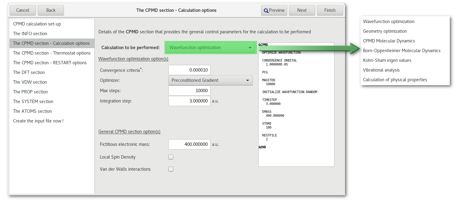 "CPMD section - Calculation options" tab in the "CPMD" assistant.