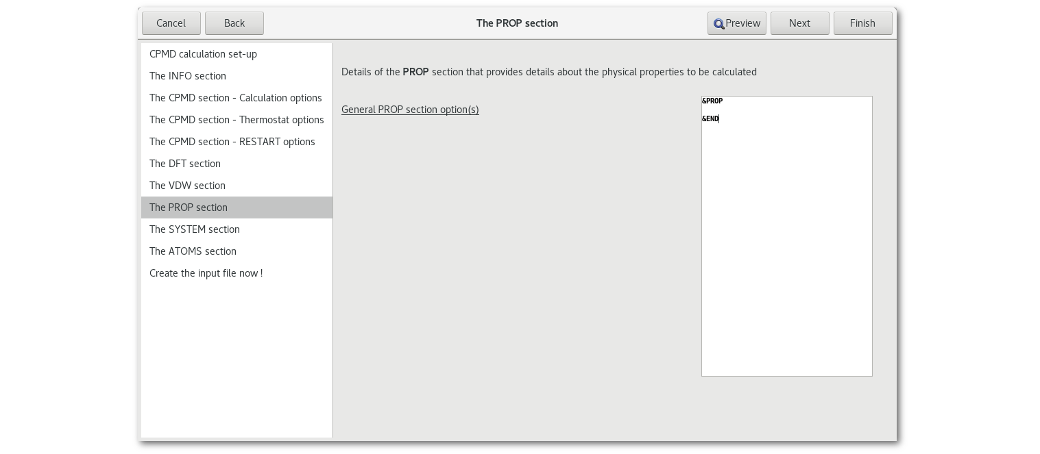 "PROP section" tab in the "CPMD" assistant.