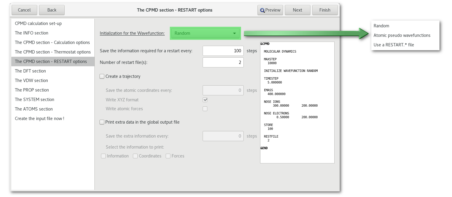"CPMD section - Restart options" tab in the "CPMD" assistant.