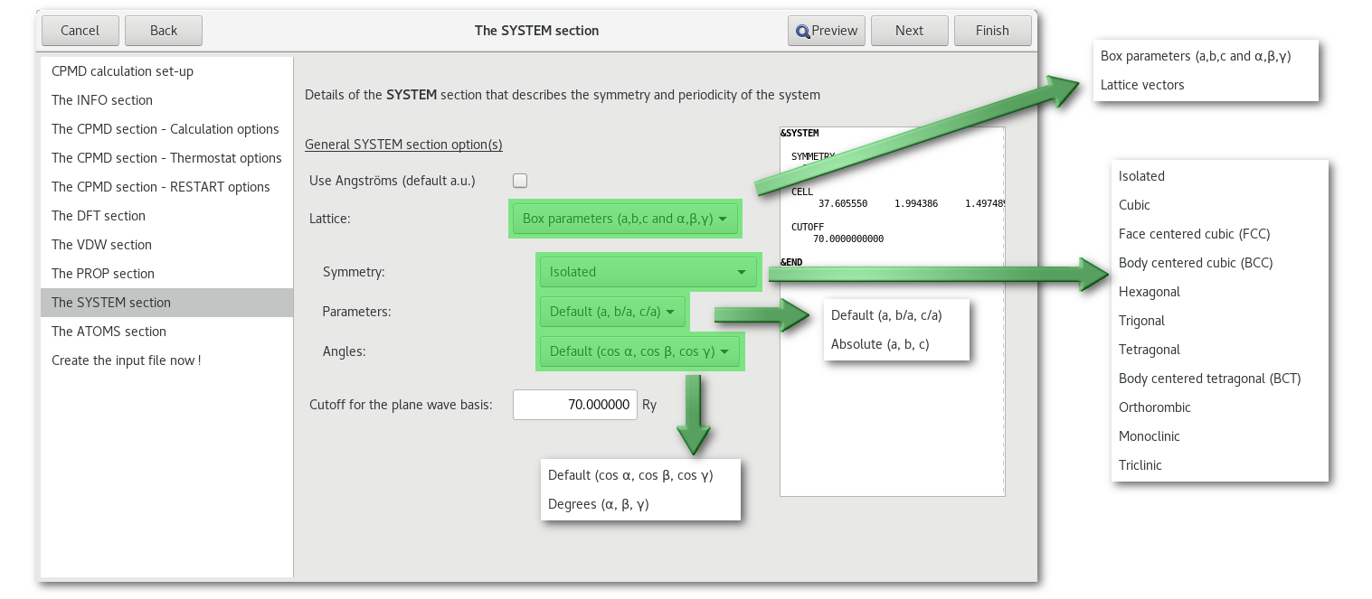 "SYSTEM section" tab in the "CPMD" assistant.