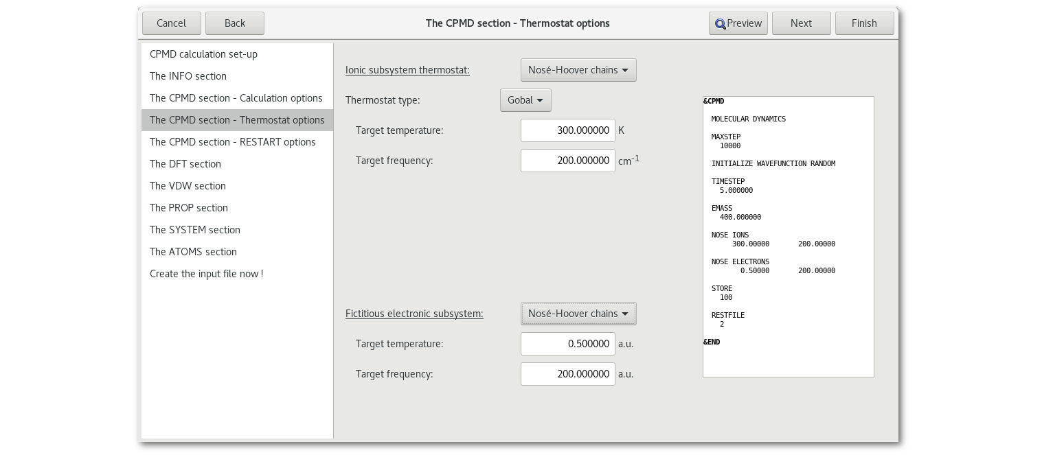 "CPMD section - Thermostat options" tab in the "CPMD" assistant.