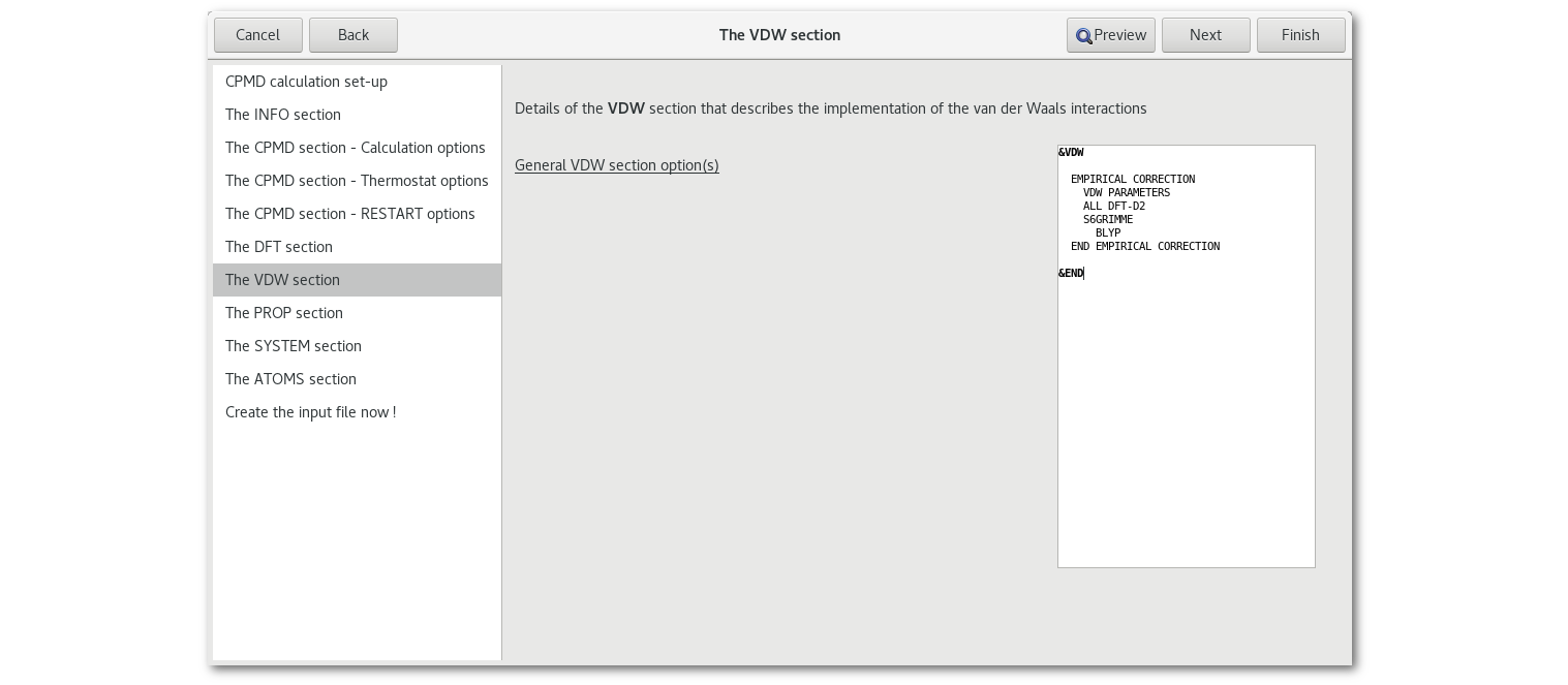 "VDW section" tab in the "CPMD" assistant.