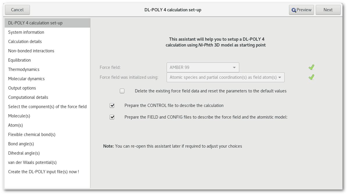 The initialized force field in the DL-POLY calculation assistant.