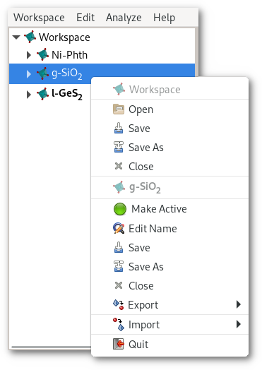 Mouse left click menu in the workspace tree of the Atomes program.