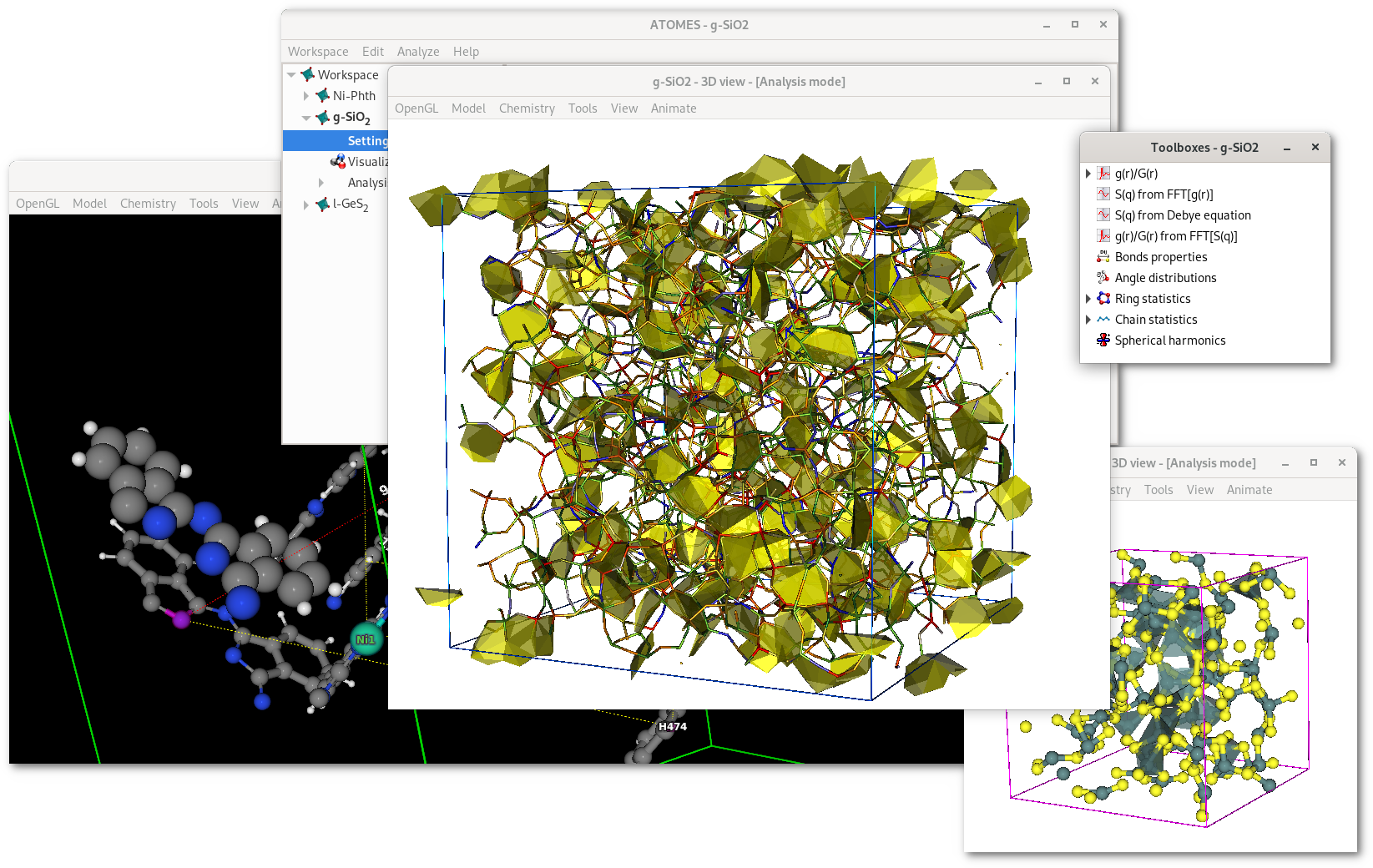 Example workspace to illustrate the visualization capabilities of the Atomes program containing 3 projects, named "Ni-Phth", "g-SiO_2" and "l-GeS_2".