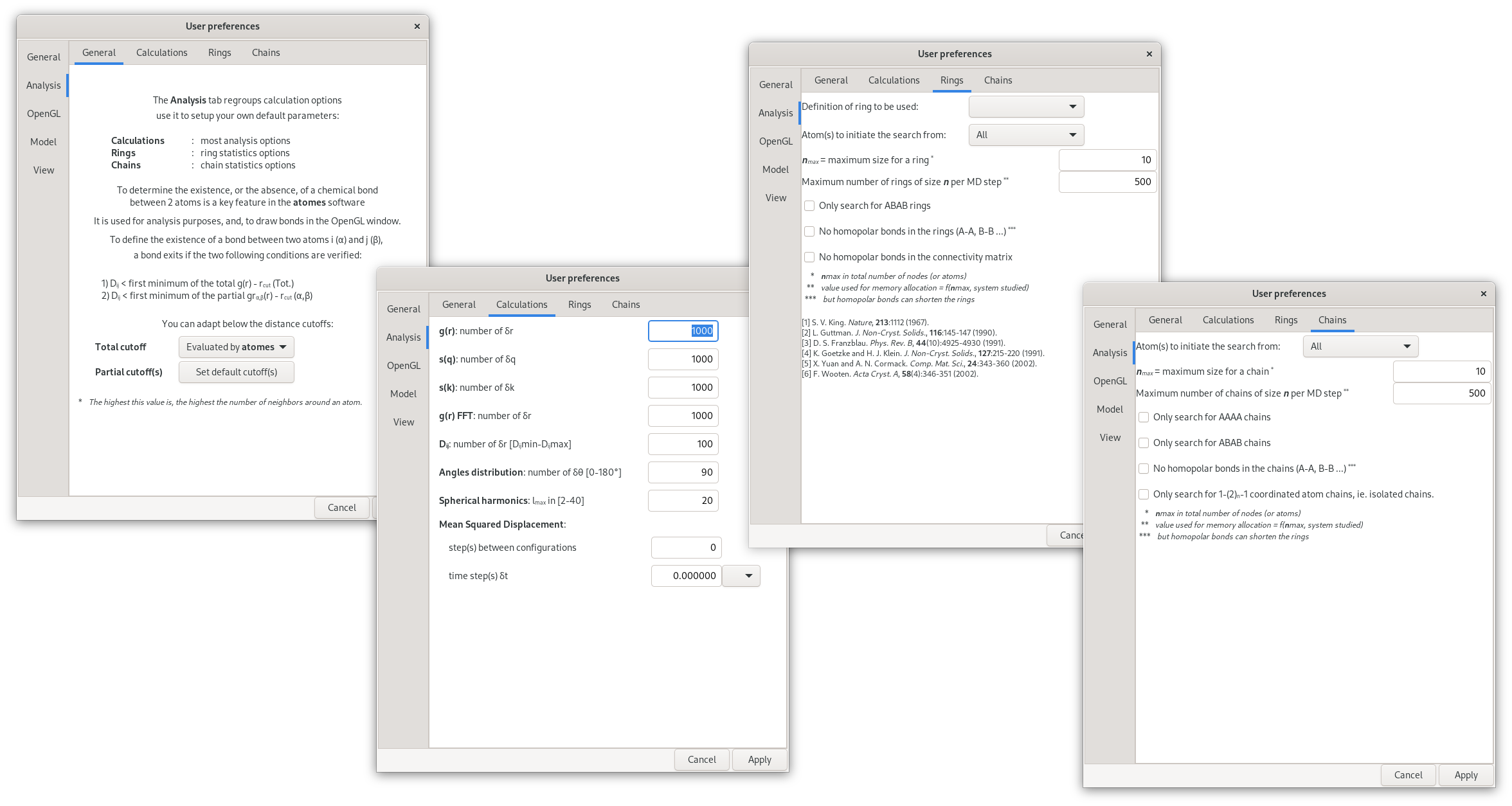 The "Analysis preferences" dialog in the atomes program.
