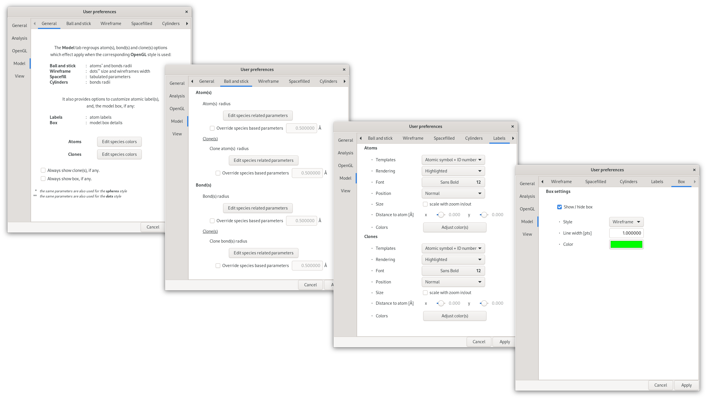 The "Model preferences" dialog in the atomes program.