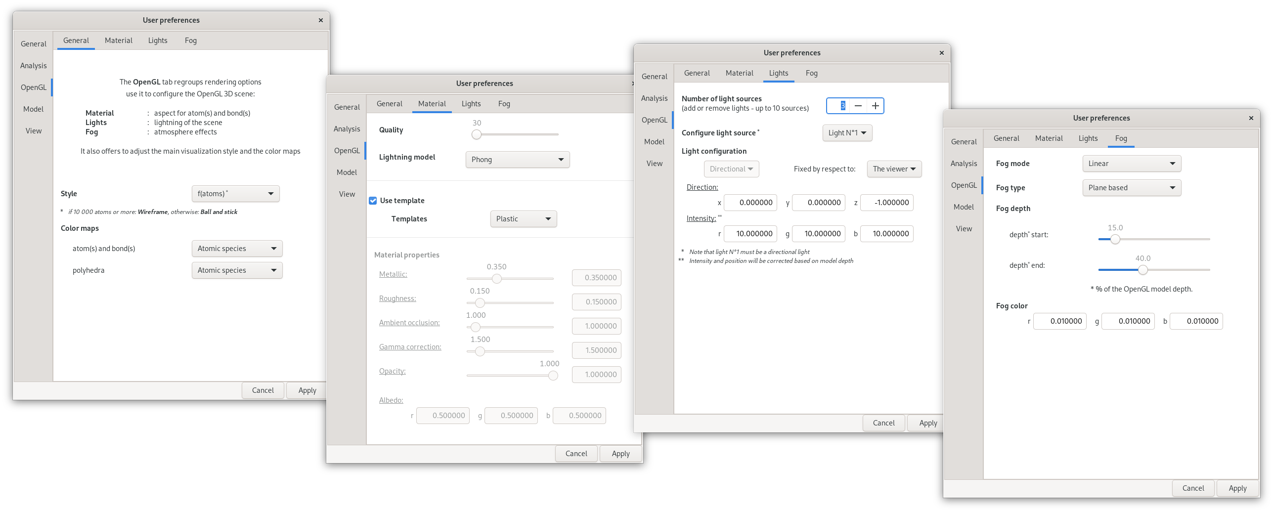 The "OpenGL preferences" dialog in the atomes program.