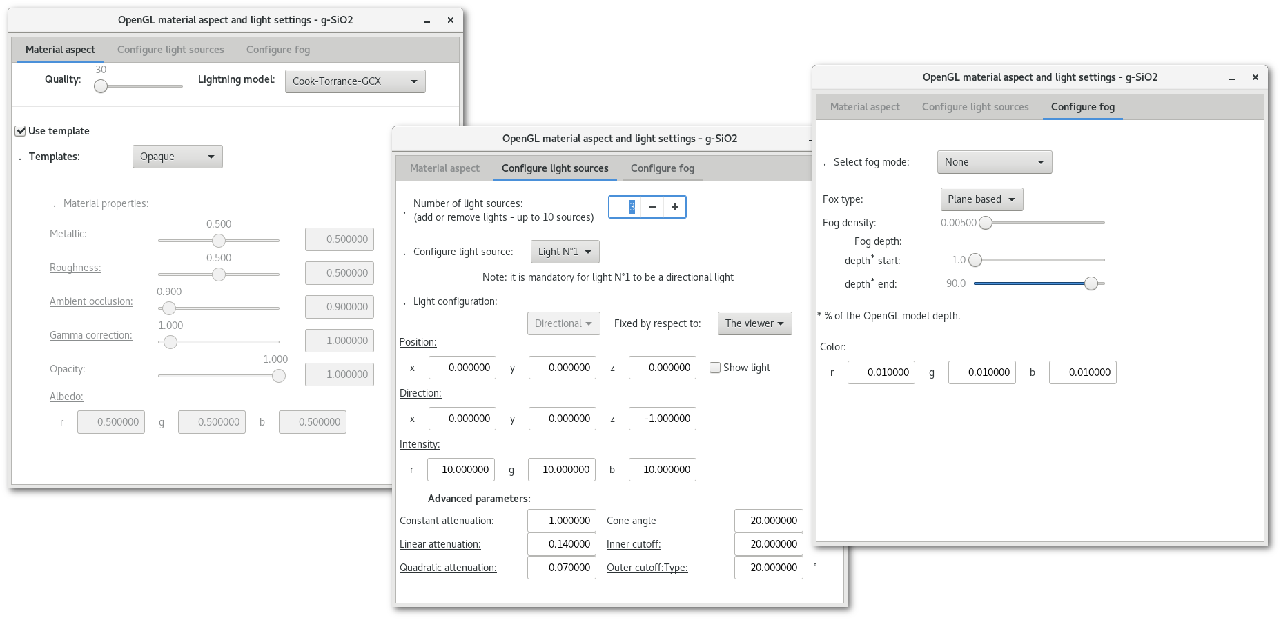 The "OpenGL material aspect and light settings" dialog in the atomes program.