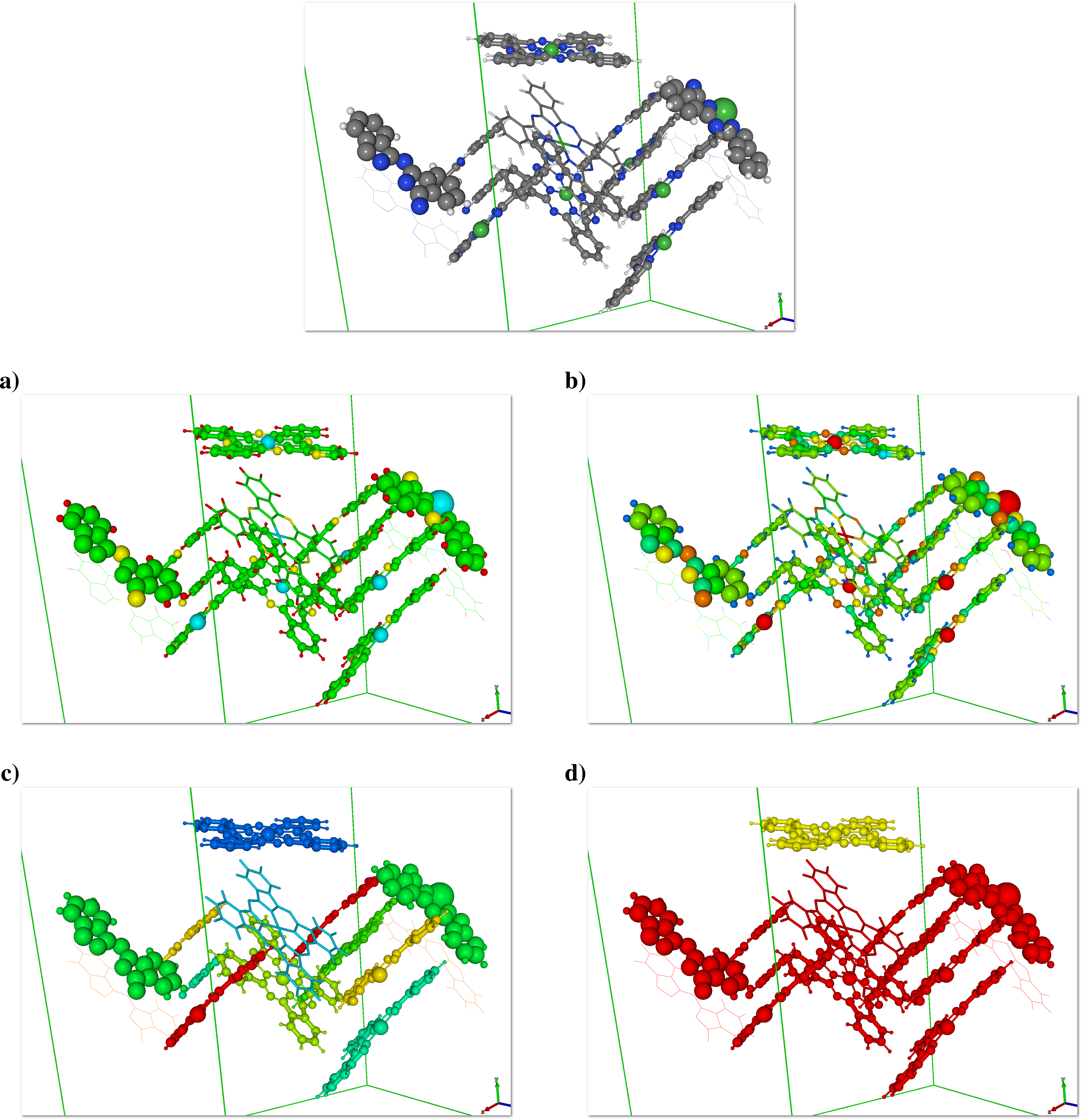 The standard Colors Maps (CM) for the atoms accessible using the "Color scheme(s)" menu. Top standard colors using the chemical species, a) Total coordinations as CM, b) Partial coordinations as CM, c) Fragments as CM and d) Molecules as CM.