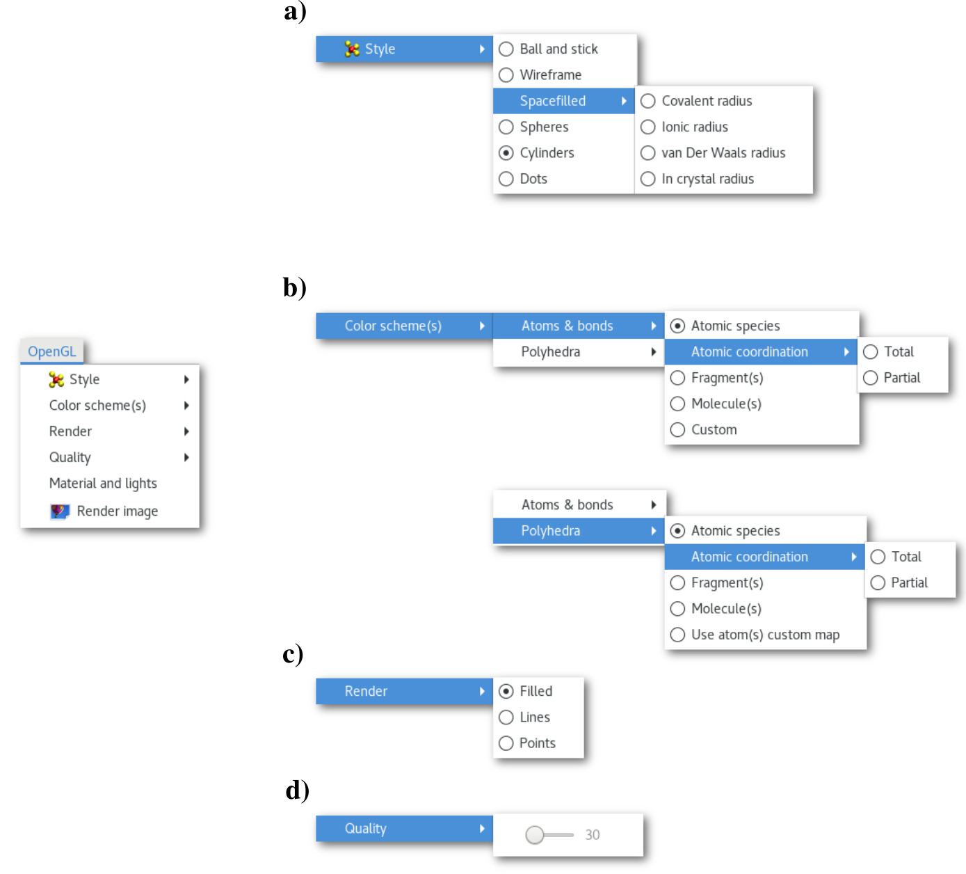 The "OpenGL" menu and the attached submenus.